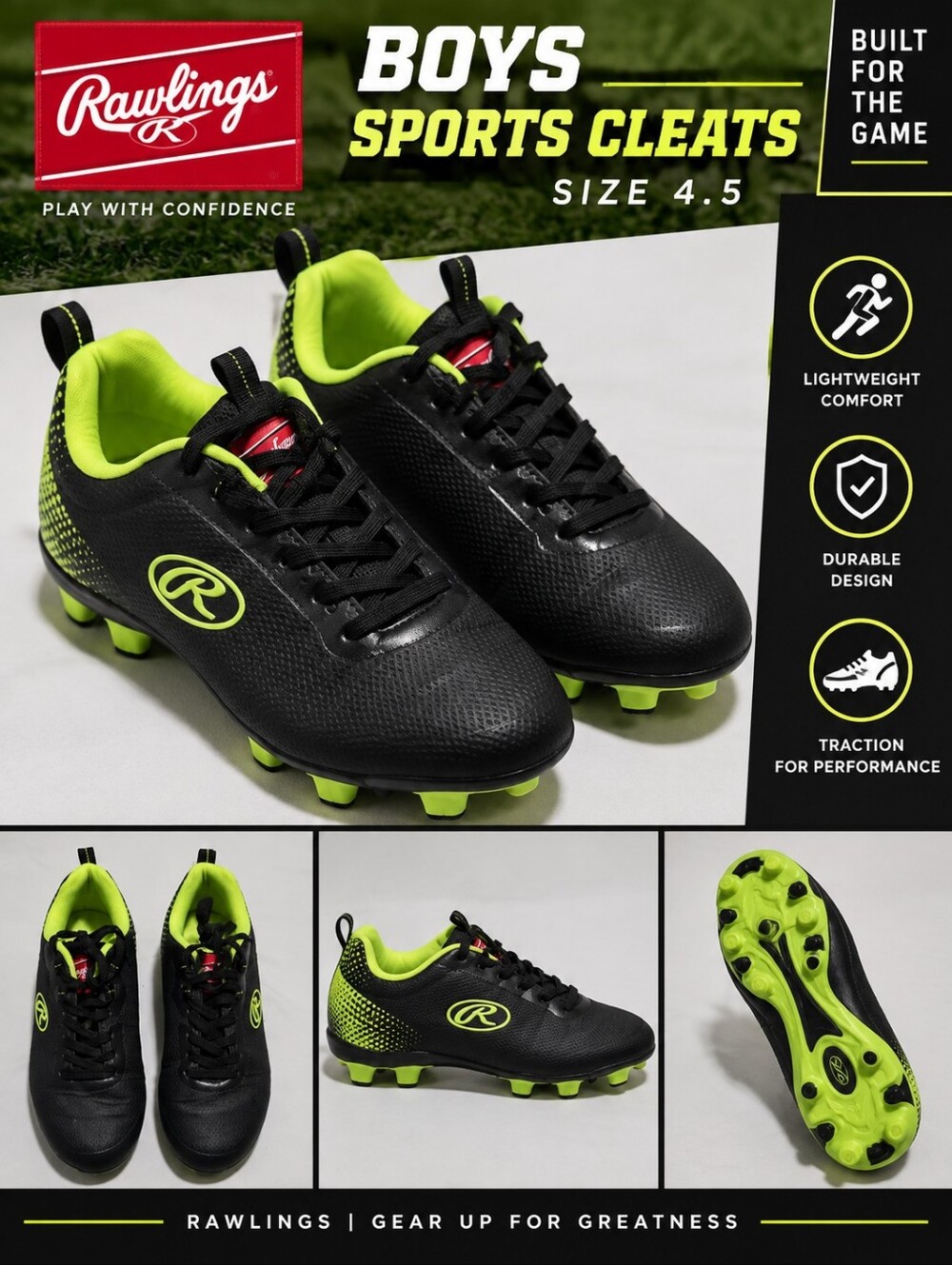 Rawlings boys 4.5 black green sports cleats #18